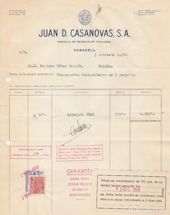 Factures anciennes: FACTURA. JUAN D. CASANOVAS, S.A. FABRICA DE TEJIDOS DE ESTAMBRE. SABADELL. 1958.