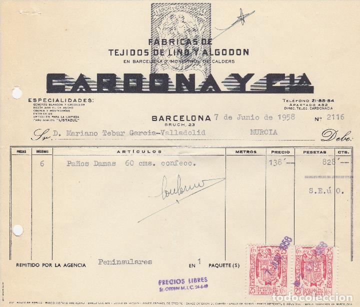 Factures anciennes: FACTURA. CARDONA Y CIA. FABRICA DE TEJIDOS DE LINO Y ALGODON. BARCELONA. 1958.