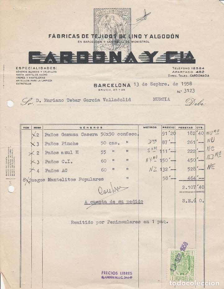 Factures anciennes: FACTURA. CARDONA Y CIA. FABRICA DE TEJIDOS DE LINO Y ALGODON. BARCELONA. 1958.