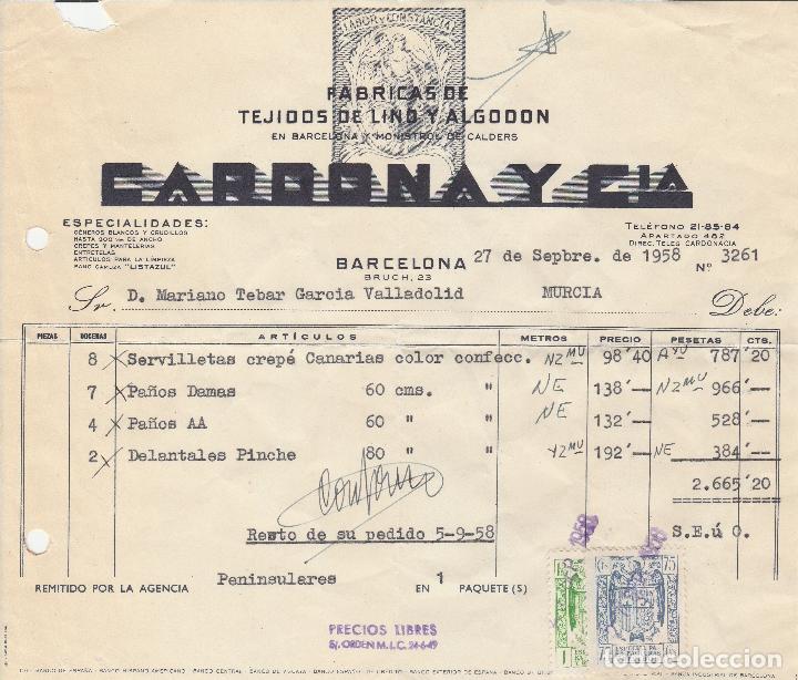 Factures anciennes: FACTURA. CARDONA Y CIA. FABRICA DE TEJIDOS DE LINO Y ALGODON. BARCELONA. 1958.