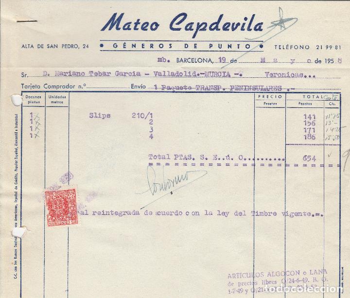 Factures anciennes: FACTURA. MATEO CAPDEVILA. GENEROS DE PUNTO. BARCELONA. 1958