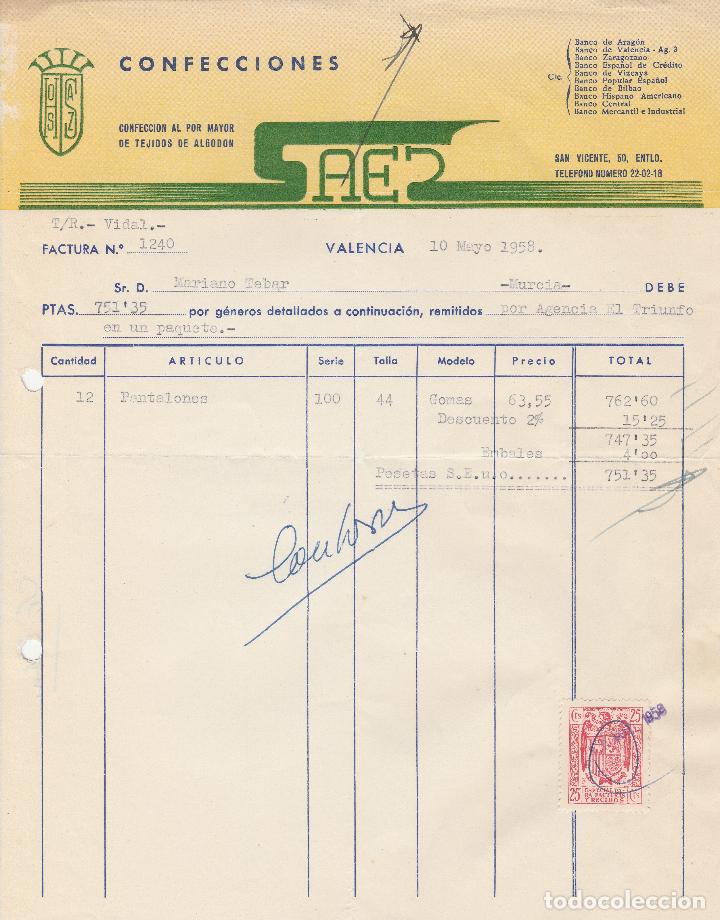 Factures anciennes: FACTURA. CONFECCIONES SAES. CONFECCION AL POR MAYOR DE TEJIDOS DE ALGODON. VALENCIA. MAYO 1958.