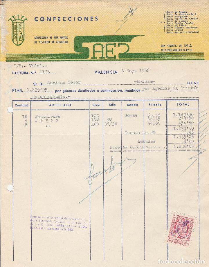 Factures anciennes: FACTURA. CONFECCIONES SAES. CONFECCION AL POR MAYOR DE TEJIDOS DE ALGODON. VALENCIA. MAYO 1958.