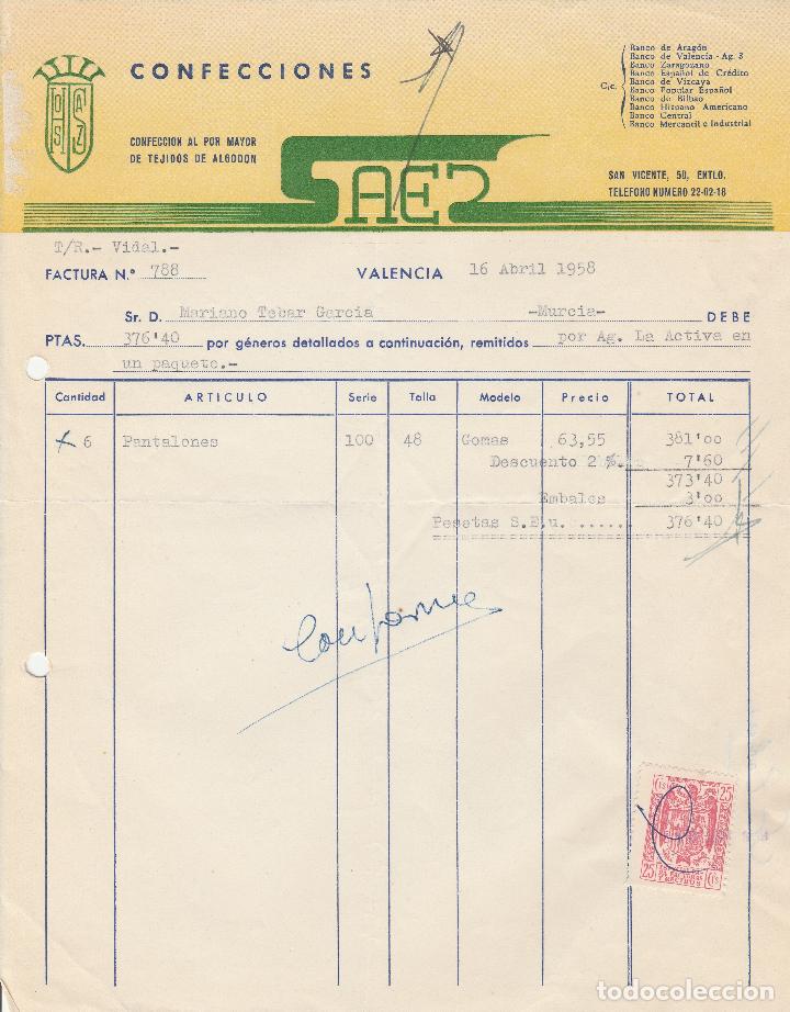 Factures anciennes: FACTURA. CONFECCIONES SAES. CONFECCION AL POR MAYOR DE TEJIDOS DE ALGODON. VALENCIA. ABRIL 1958.