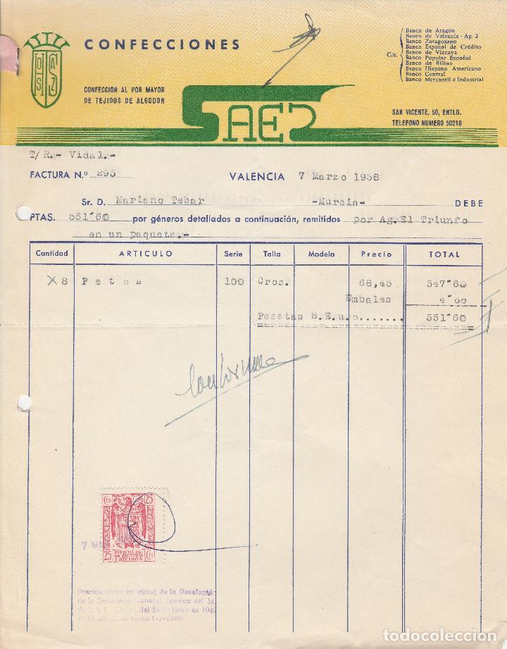 Factures anciennes: FACTURA. CONFECCIONES SAES. CONFECCION AL POR MAYOR DE TEJIDOS DE ALGODON. VALENCIA. MARZO 1958.
