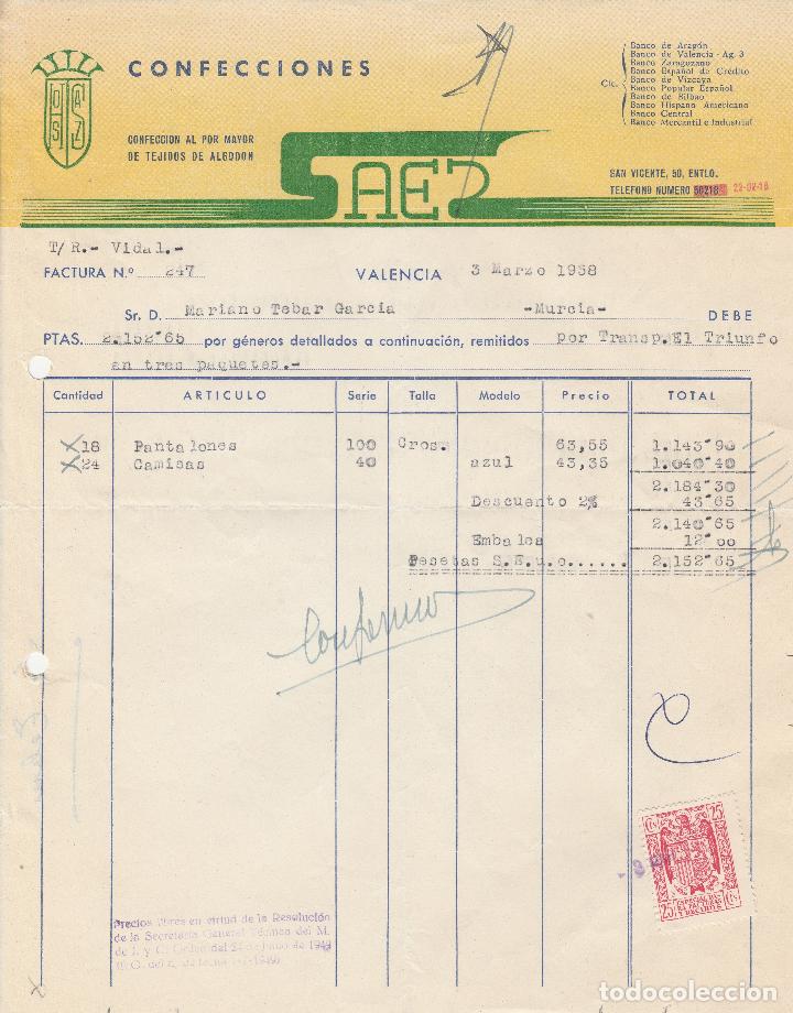 Factures anciennes: FACTURA. CONFECCIONES SAES. CONFECCION AL POR MAYOR DE TEJIDOS DE ALGODON. VALENCIA. MARZO 1958.