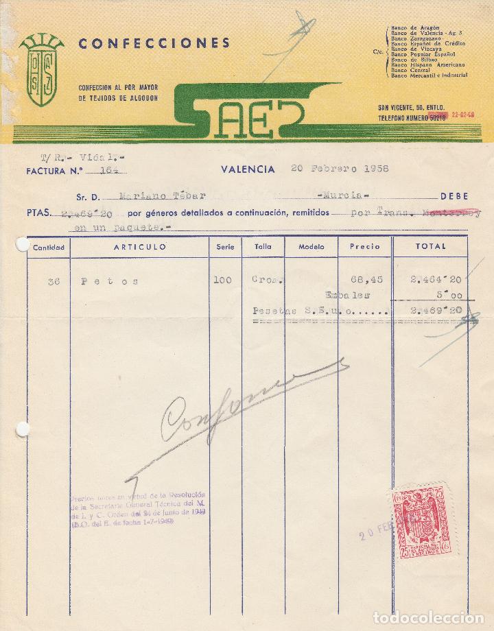 Factures anciennes: FACTURA. CONFECCIONES SAES. CONFECCION AL POR MAYOR DE TEJIDOS DE ALGODON. VALENCIA. FEBRERO 1958.