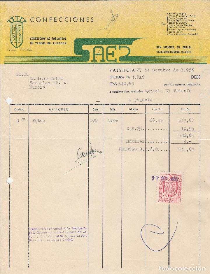 Factures anciennes: FACTURA. CONFECCIONES SAES. CONFECCI&Oacute;N AL POR MAYOR DE TEJIDOS DE ALGOD&Oacute;N. VALENCIA. OCTUBRE 1958.