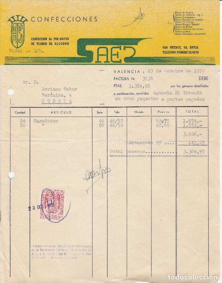 Factures anciennes: FACTURA. CONFECCIONES SAES. CONFECCI&Oacute;N AL POR MAYOR DE TEJIDOS DE ALGOD&Oacute;N. VALENCIA. OCTUBRE 1958.