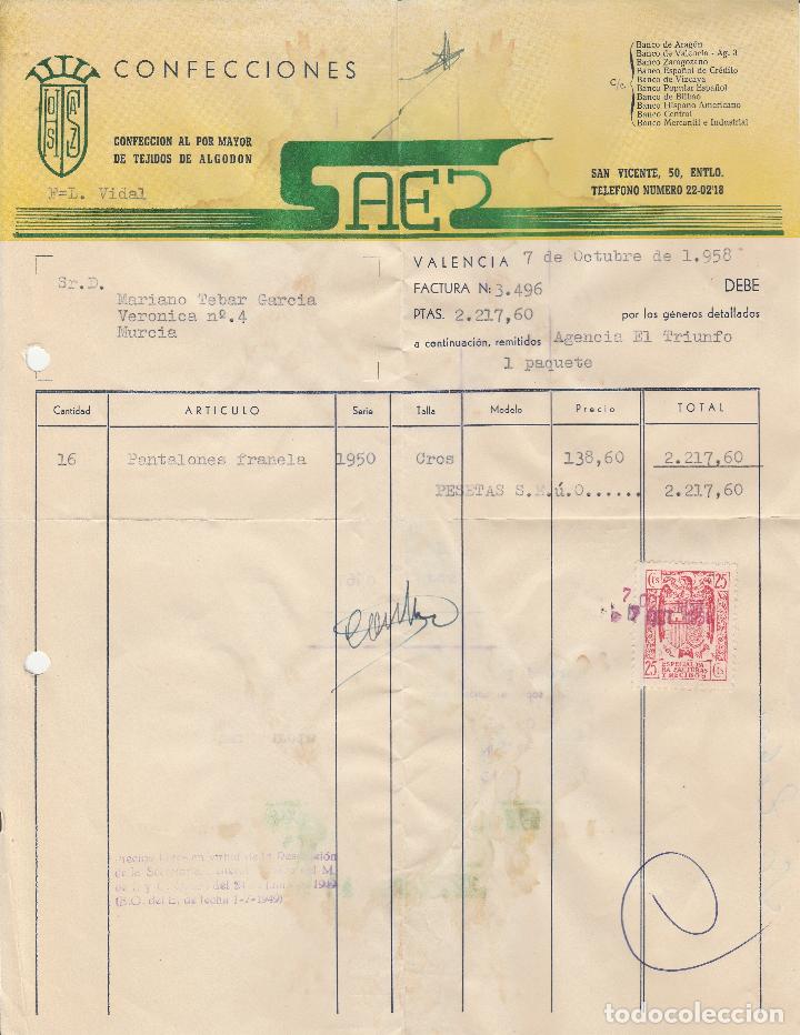 Factures anciennes: FACTURA. CONFECCIONES SAES. CONFECCI&Oacute;N AL POR MAYOR DE TEJIDOS DE ALGOD&Oacute;N. VALENCIA. OCTUBRE 1958.