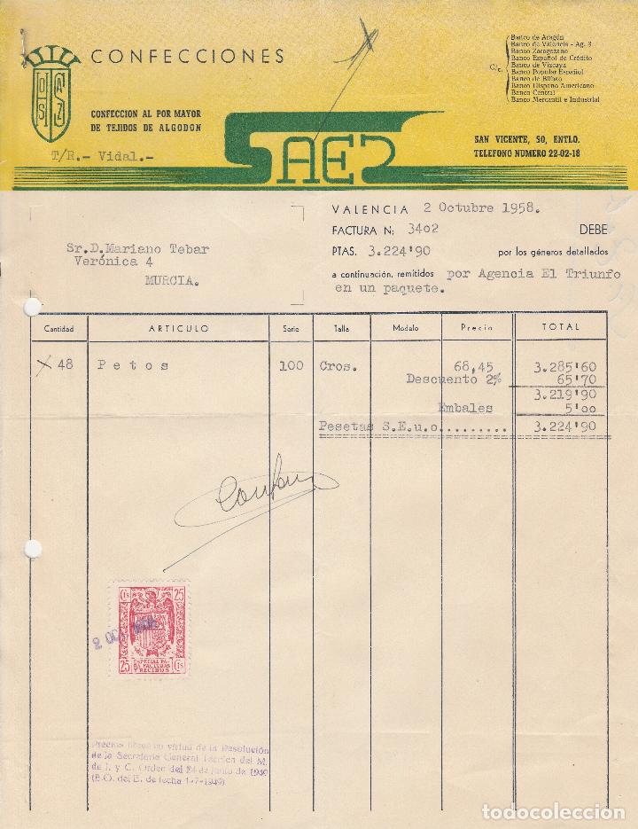 Factures anciennes: FACTURA. CONFECCIONES SAES. CONFECCI&Oacute;N AL POR MAYOR DE TEJIDOS DE ALGOD&Oacute;N. VALENCIA. OCTUBRE 1958.