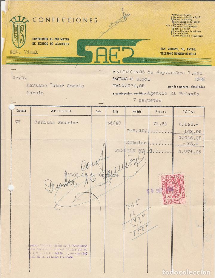Factures anciennes: FACTURA.CONFECCIONES SAES. CONFECCION AL POR MAYOR DE TEJIDOS DE ALGODON. VALENCIA. SEPTIEMBRE 1958.