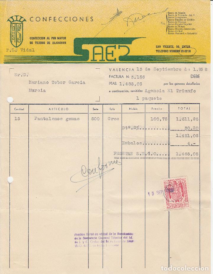 Factures anciennes: FACTURA.CONFECCIONES SAES. CONFECCI&Oacute;N AL POR MAYOR DE TEJIDOS DE ALGOD&Oacute;N. VALENCIA. SEPTIEMBRE 1958.