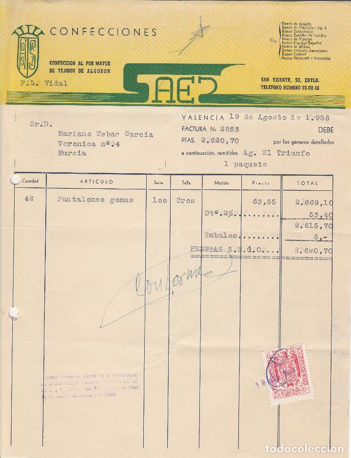 Factures anciennes: FACTURA. CONFECCIONES SAES. CONFECCI&Oacute;N AL POR MAYOR DE TEJIDOS DE ALGOD&Oacute;N. VALENCIA. AGOSTO 1958.