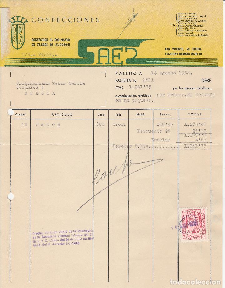 Factures anciennes: FACTURA. CONFECCIONES SAES. CONFECCI&Oacute;N AL POR MAYOR DE TEJIDOS DE ALGOD&Oacute;N. VALENCIA. AGOSTO 1958.