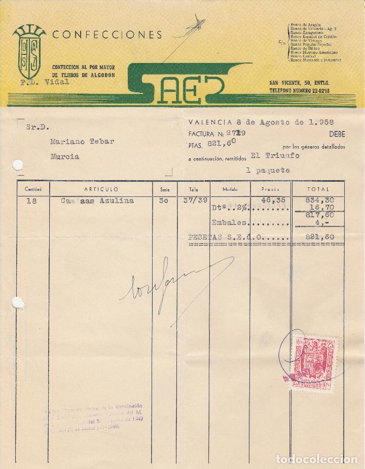 Factures anciennes: FACTURA. CONFECCIONES SAES. CONFECCI&Oacute;N AL POR MAYOR DE TEJIDOS DE ALGOD&Oacute;N. VALENCIA. AGOSTO 1958.