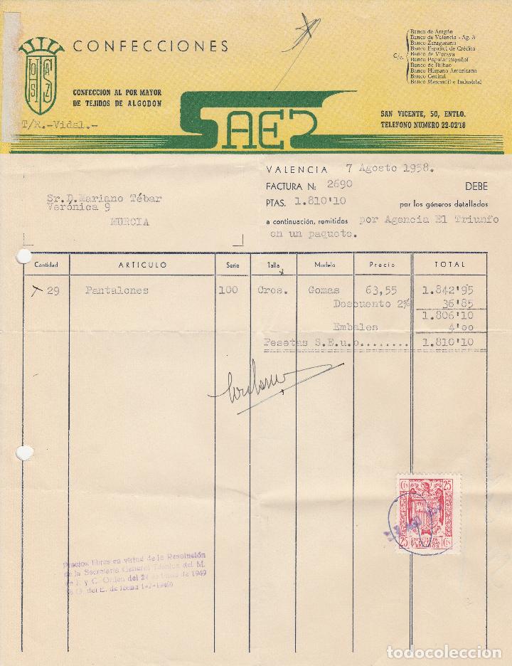 Factures anciennes: FACTURA. CONFECCIONES SAES. CONFECCI&Oacute;N AL POR MAYOR DE TEJIDOS DE ALGOD&Oacute;N. VALENCIA. AGOSTO 1958.
