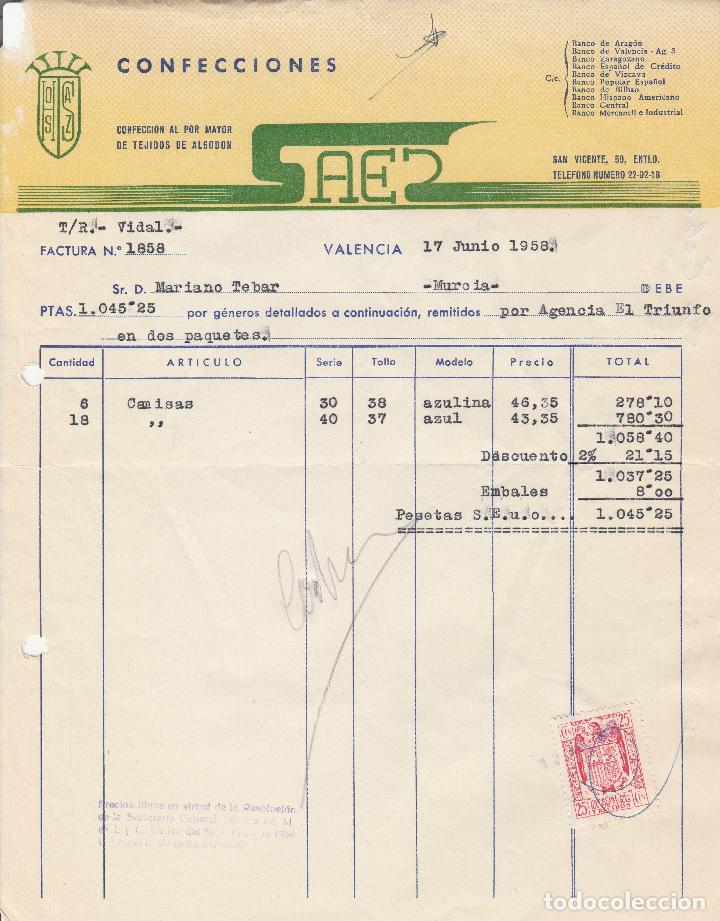 Factures anciennes: FACTURA. CONFECCIONES SAES. CONFECCI&Oacute;N AL POR MAYOR DE TEJIDOS DE ALGOD&Oacute;N. VALENCIA. JUNIO  1958.