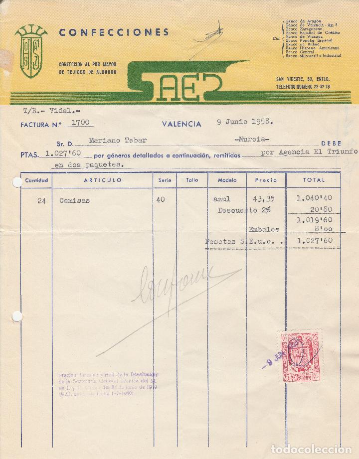 Factures anciennes: FACTURA. CONFECCIONES SAES. CONFECCI&Oacute;N AL POR MAYOR DE TEJIDOS DE ALGOD&Oacute;N. VALENCIA. JUNIO 1958.