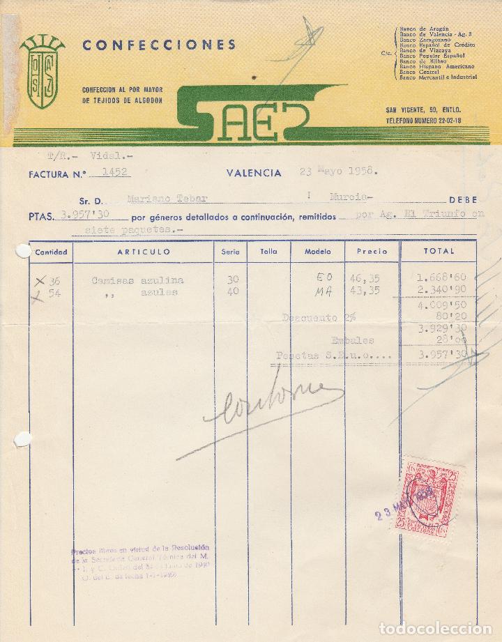 Factures anciennes: FACTURA. CONFECCIONES SAES. CONFECCI&Oacute;N AL POR MAYOR DE TEJIDOS DE ALGOD&Oacute;N. VALENCIA. MAYO 1958.