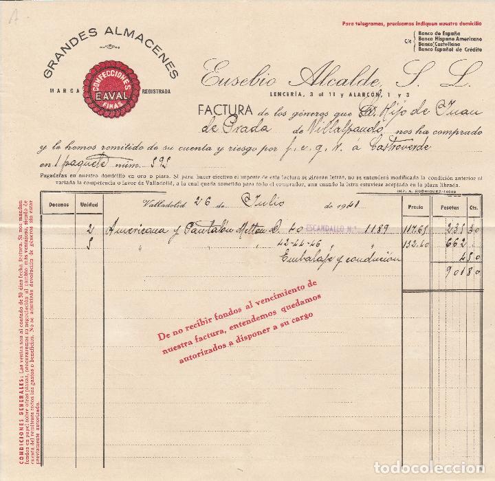Fatture antiche: FACTURA. EUSEBIO ALCALDE S.L., CONFECCIONES E. AVAL. GRANDES ALMACENES. VALLADOLID. 1941.