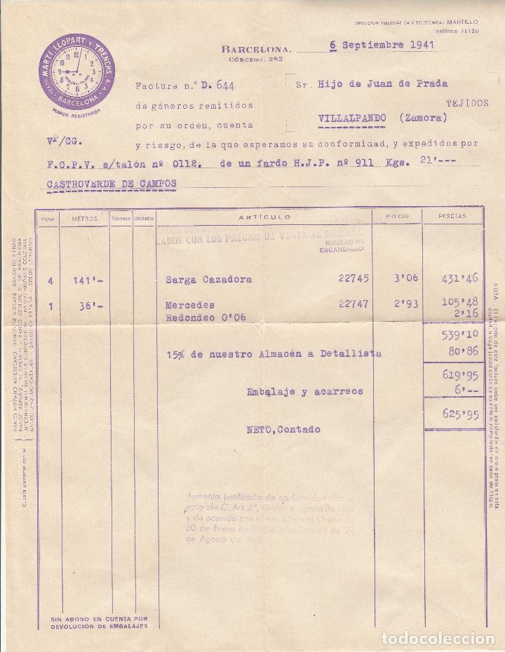 Fatture antiche: FACTURA. MARTI, LLOPART Y TRENCHS, S.A. BARCELONA. 1941.
