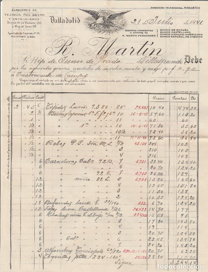 Fatture antiche: FACTURA. R. MART&Iacute;N. ALMACENES DE TEJIDOS DEL REINO Y EXTRANJEROS. VALLADOLID. 1941.