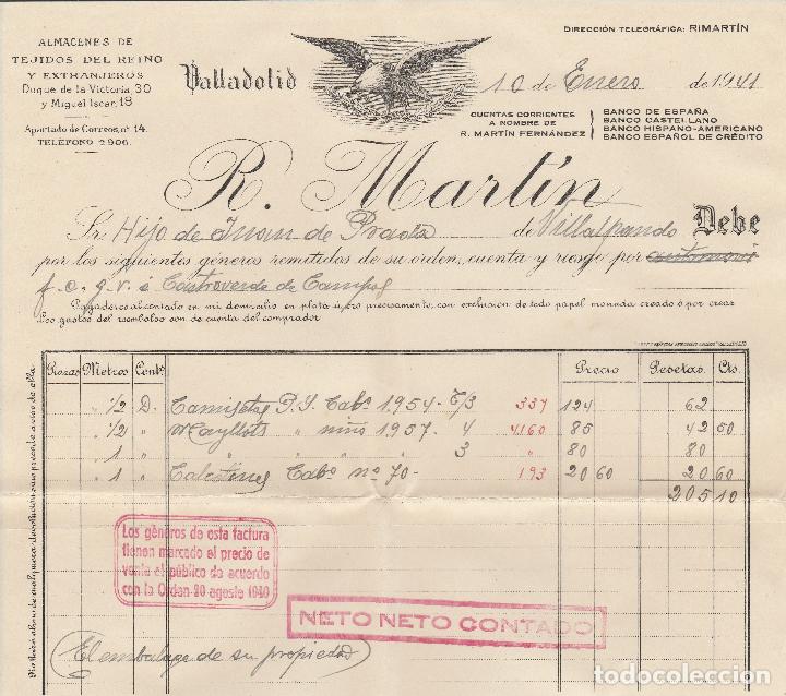 Fatture antiche: FACTURA. R. MART&Iacute;N. ALMACENES DE TEJIDOS DEL REINO Y EXTRANJEROS. VALLADOLID. 1941.