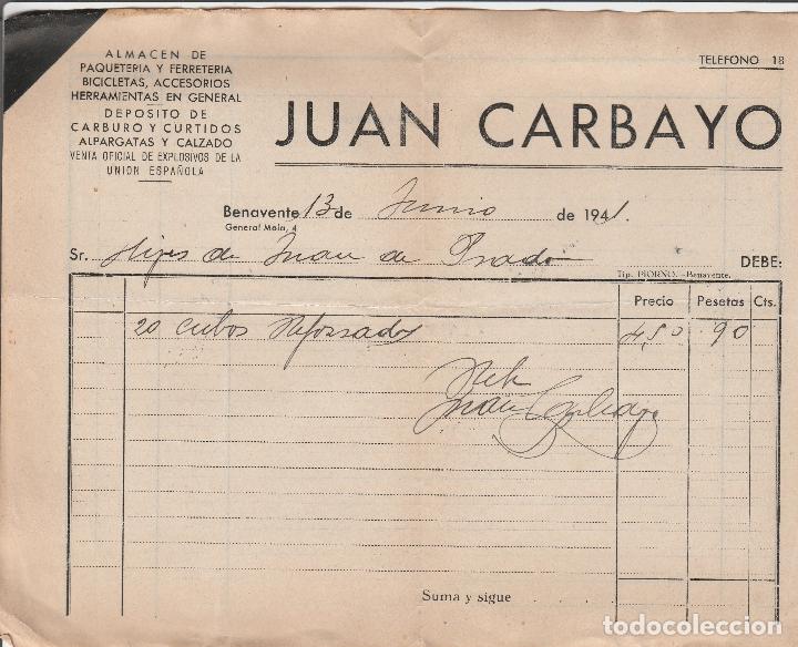 Facturas antiguas: FACTURA. JUAN CARBAYO. PAQUETERIA Y FERRETERIA. BICICLETAS, ACCESORIOS. BENAVENTE. 1941.