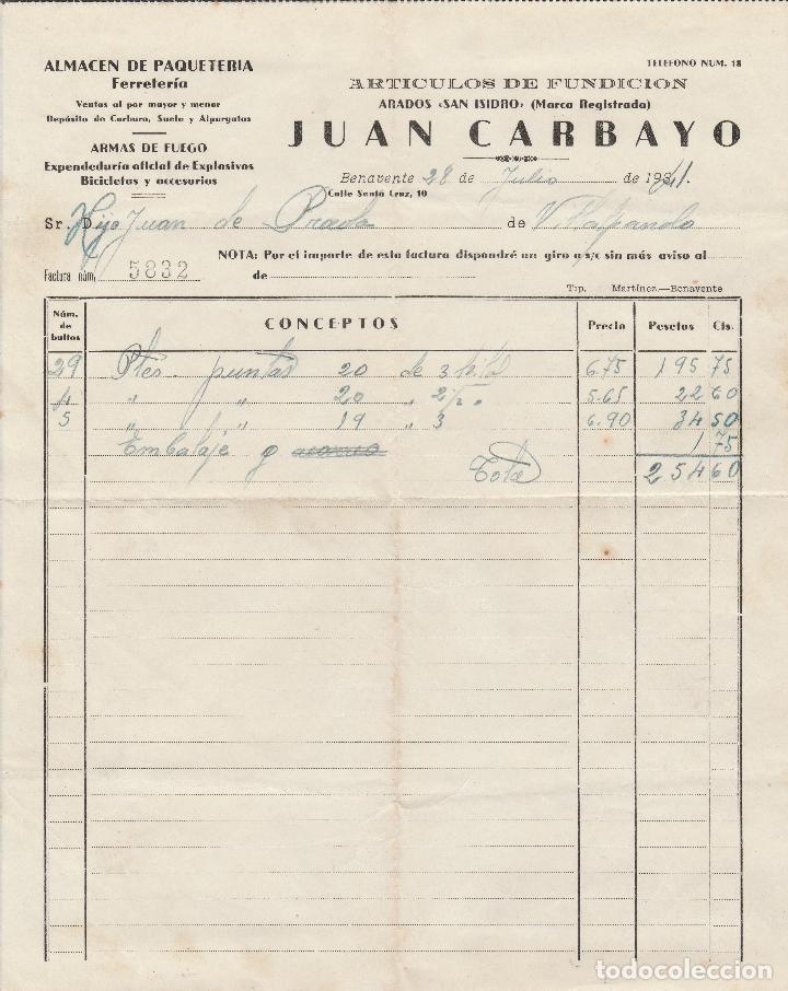 Facturas antiguas: FACTURA. JUAN CARBAYO. PAQUETERIA Y FERRETERIA. BICICLETAS, ACCESORIOS. BENAVENTE. 1941.