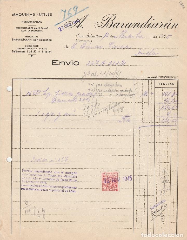 Old Invoices: FACTURA. BARANDIAR&Aacute;N. ESPECIALIDADES AMERICANAS PARA LA INDUSTRIA. SAN SEBASTIAN. 1945.