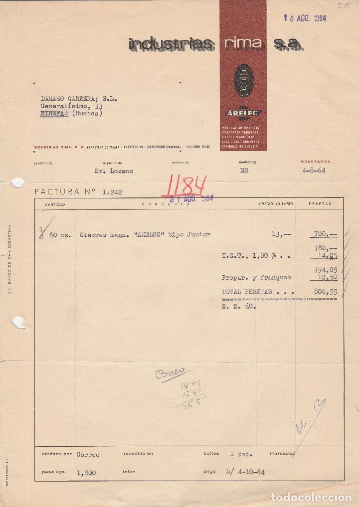 Fatture antiche: FACTURA. INDUSTRIAS RIMA S.A, MANILLAS AUTOM&Aacute;TICAS. PICAPORTES TUBULARES. MONDRAGON-GUIPUZCOA. 1964.