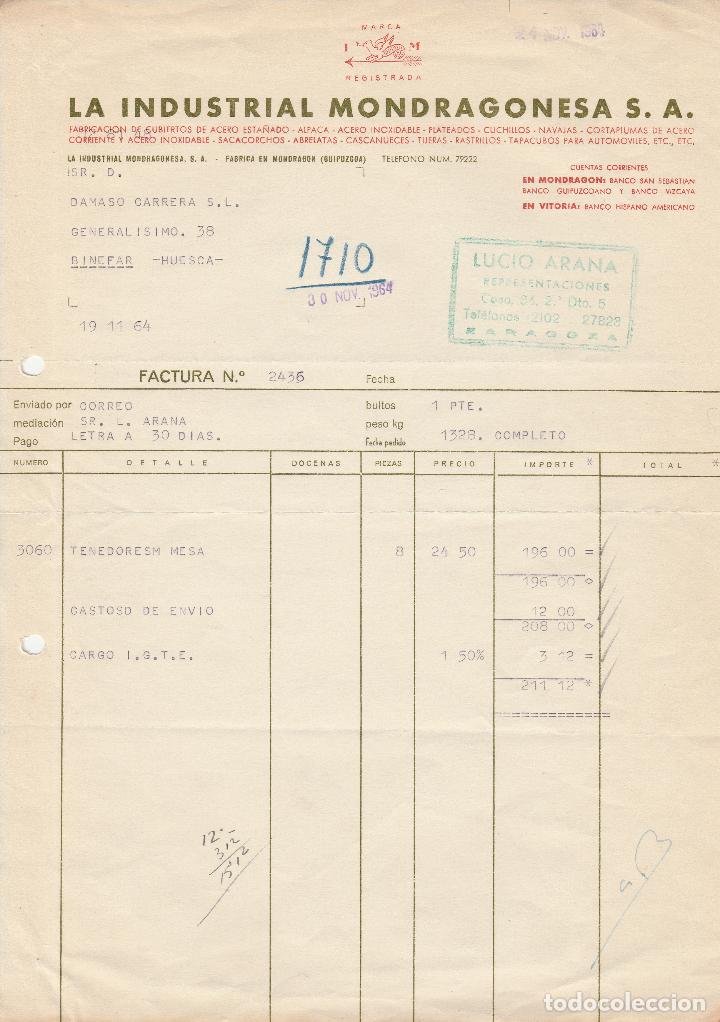 Fatture antiche: FACTURA. LA INDUSTRIA MONDRAGONESA S.A. FABRICACI&Oacute;N DE CUBIERTOS DE ACERO ESTA&Ntilde;ADO. GUIPUZCOA. 1964.