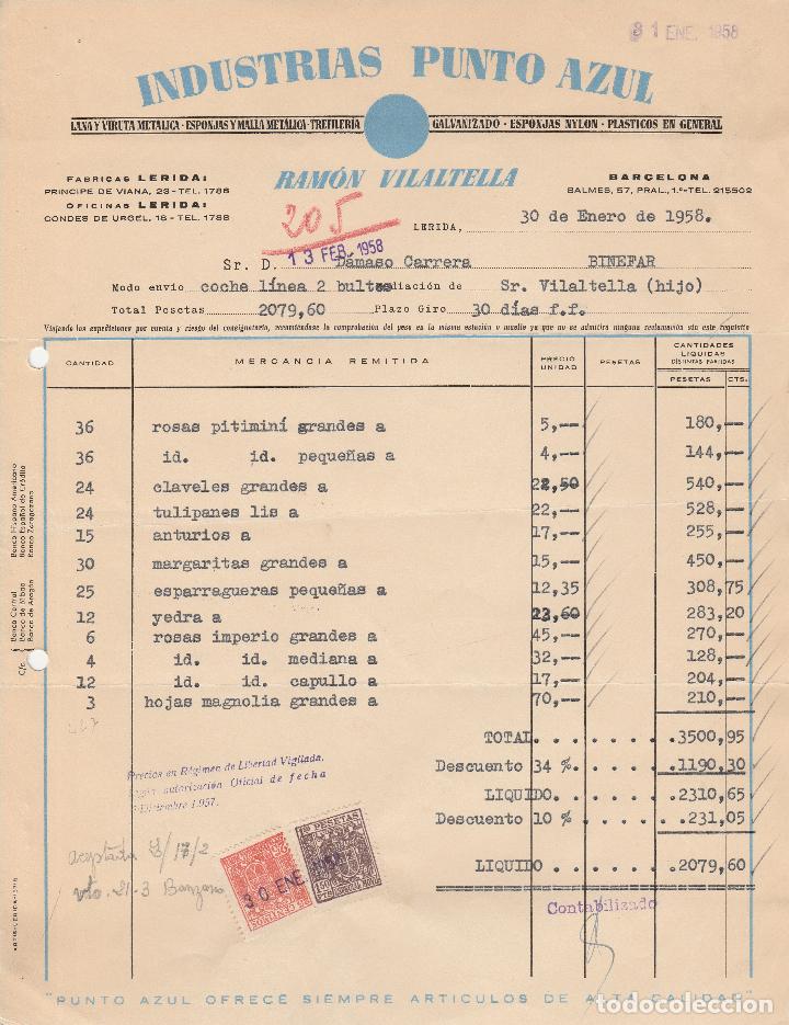 Fatture antiche: FACTURA. INDUSTRIAS PUNTO AZUL. RAM&Oacute;N VILALTELLA. LANA Y VIRUTA MET&Aacute;LICA. LERIDA. 1958.