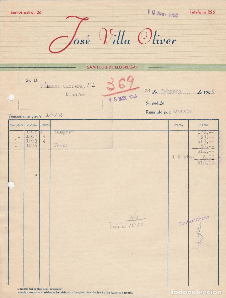 Fatture antiche: FACTURA. JOS&Eacute; VILLA OLIVER. SAN FELIU DE LLOBREGAT. 1958.