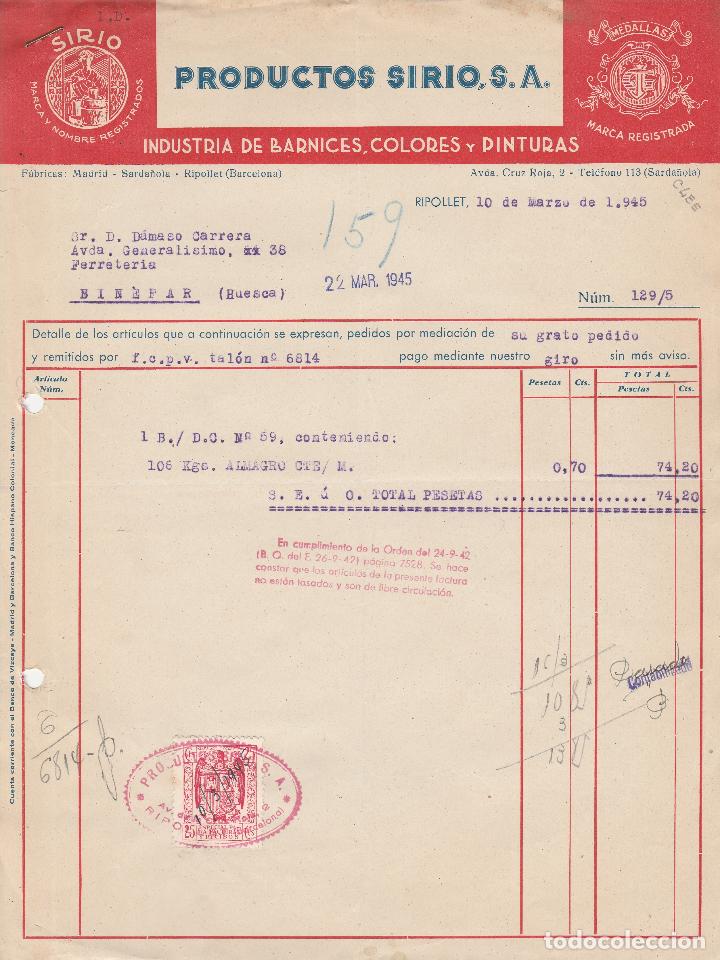 Fatture antiche: FACTURA. PRODUCTOS SIRIO, S.A, INDUSTRIA DE BARNICES, COLORES Y PINTURAS. RIPOLLET-BARCELONA. 1945.