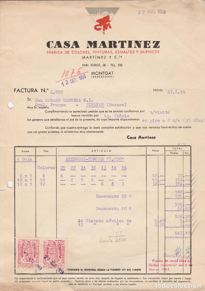 Fatture antiche: FACTURA. CASA MARTINEZ. F&Aacute;BRICA DE COLORES, PINTURAS, ESMALTES Y BARNICES. MONTGAT-BARCELONA. 1959.