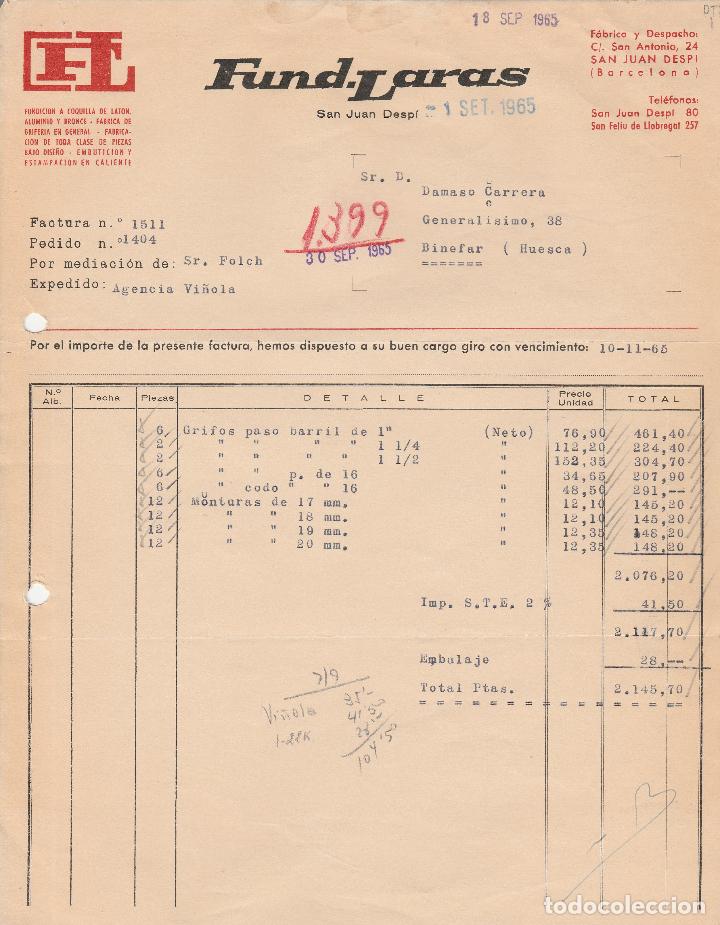 Fatture antiche: FACTURA. FUND-LARAS. FUNDICION A COQUILLA DE LAT&Oacute;N, ALUMINIO Y BRONCE. SAN JUAN DESPI-BARCELONA.1965