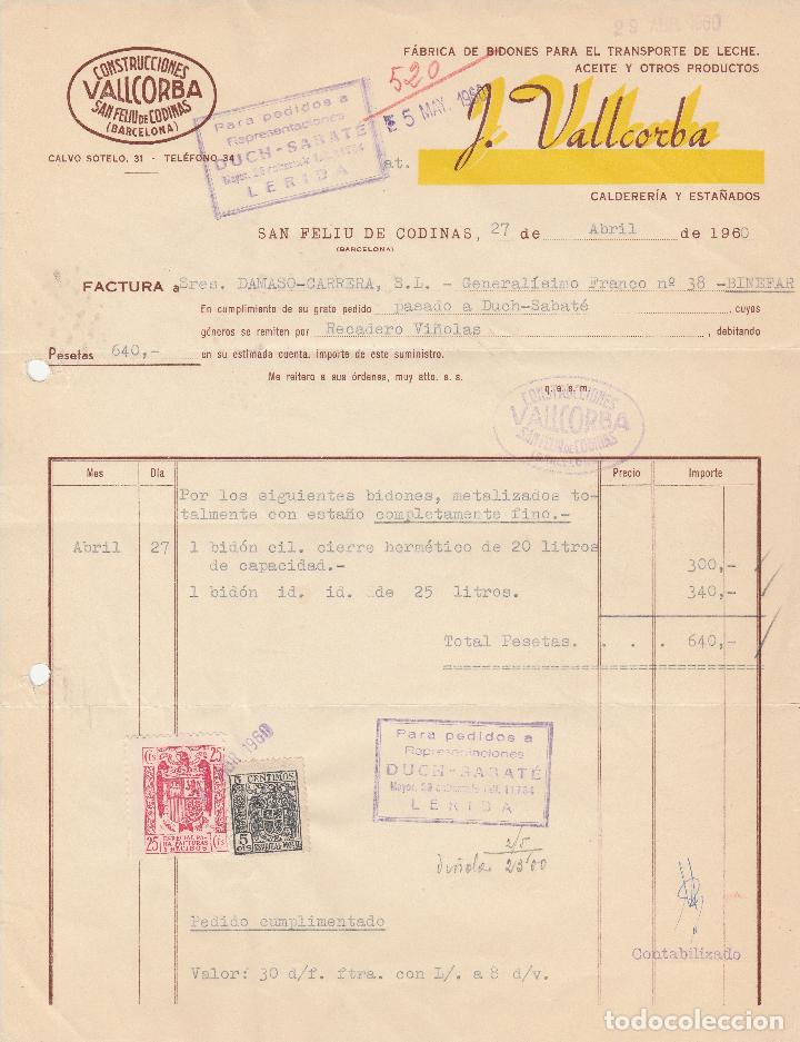 Fatture antiche: FACTURA. J. VALLCORBA. FABRICA DE BIDONES PARA EL TRANSPORTE DE LECHE. SAN FELIU DE CODINAS. 1960.
