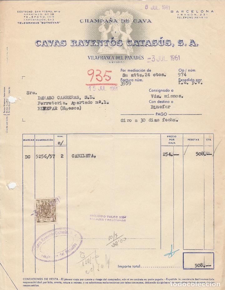 Fatture antiche: FACTURA. CAVAS RAVENT&Oacute;S CATAS&Uacute;S, S.A. CHAMPA&Ntilde;A DE CAVA. VILAFRANCA DEL PANAD&Eacute;S-BARCELONA. 1961.