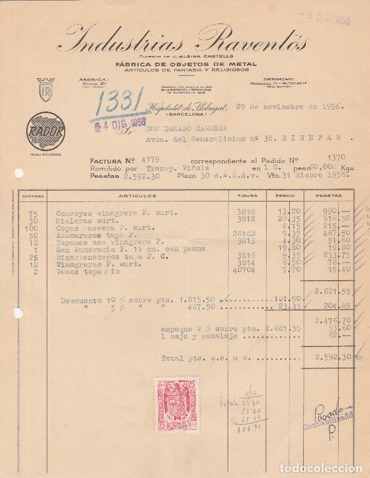 Fatture antiche: FACTURA. INDUSTRIAS RAVENT&Oacute;S. ART&Iacute;CULOS DE FANTASIA Y RELIGIOSOS. HOSPITALET DE LLOBREGAT. 1956.