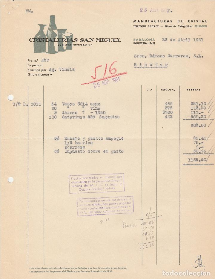 Fatture antiche: FACTURA. CRISTALERIAS SAN MIGUEL SOCIEDAD COOPERATIVA. MANUFACTURAS DE CRISTAL. BADALONA. 1961.