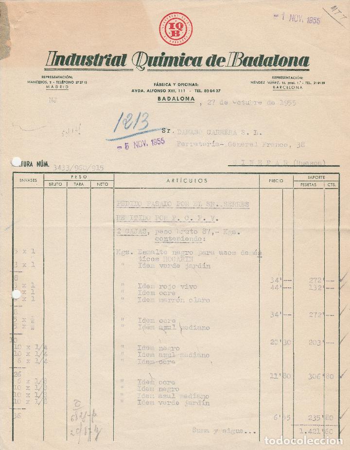 Fatture antiche: FACTURA. INDUSTRIAL QUIMICA DE BADALONA. BADALONA. 1955.
