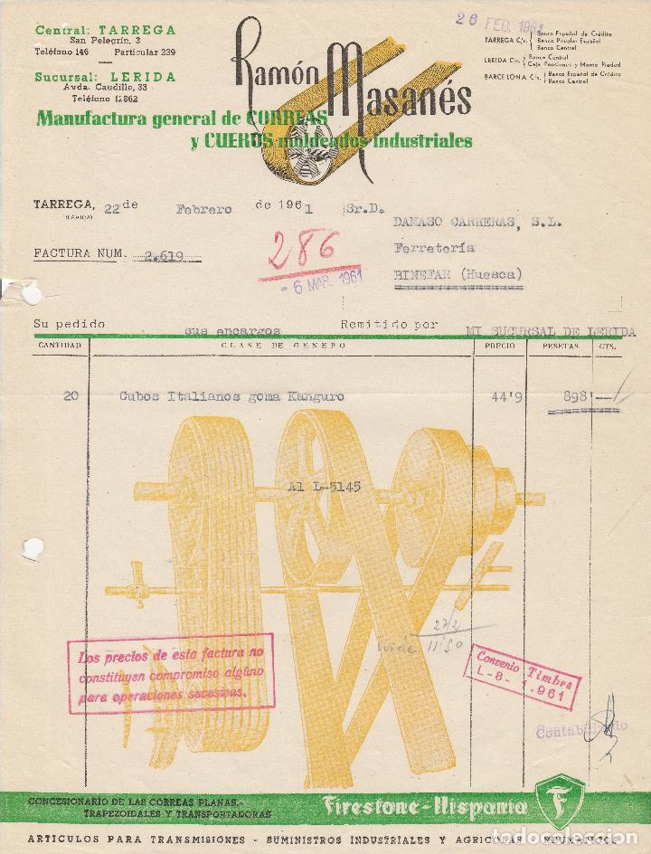 Fatture antiche: FACTURA. RAM&Oacute;N MASAN&Eacute;S. MANUFACTURAS GENERAL DE CORREAS Y CUEROS. TARREGA. 1961.