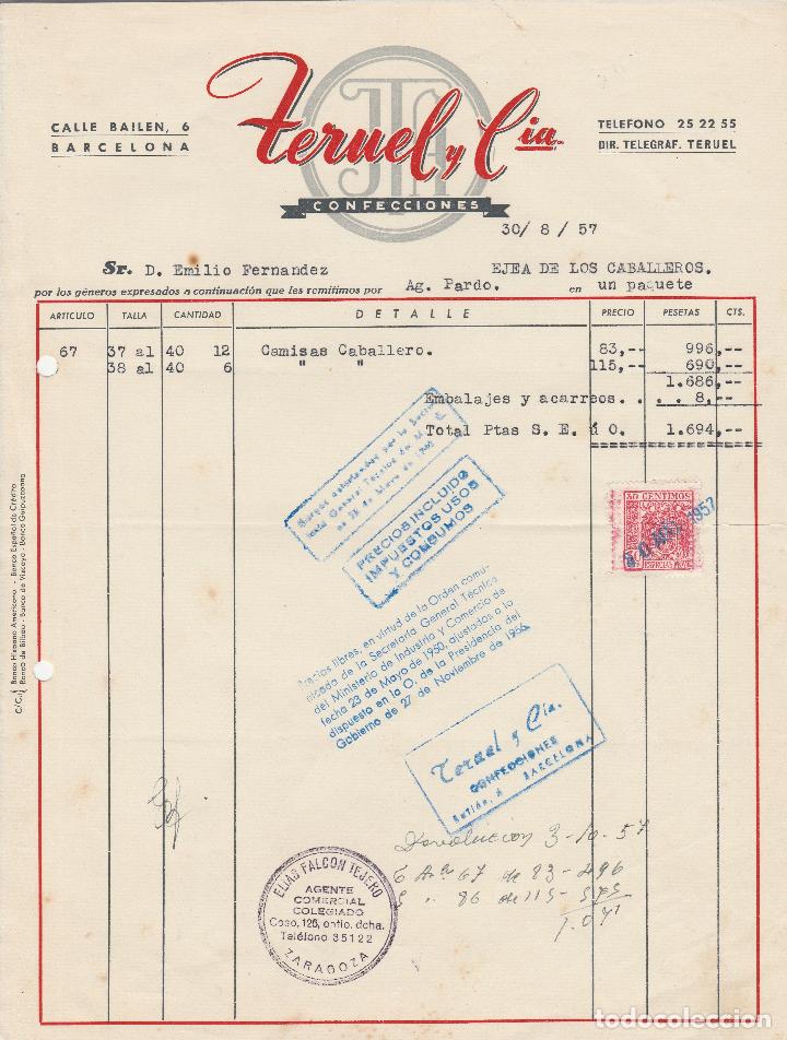 Fatture antiche: FACTURA. TERUEL Y CIA. CONFECCIONES. BARCELONA. 1957.