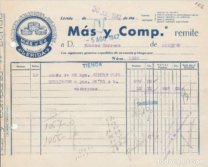 Fatture antiche: FACTURA. M&Aacute;S Y COMP.  ALMAC&Eacute;N DE SALAZONES Y COLONIALES. L&Eacute;RIDA. 1942.