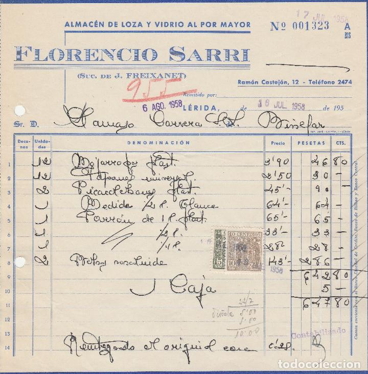 Fatture antiche: FACTURA. FLORENCIO SARRI. ALMAC&Eacute;N DE LOZA Y VIDRIO AL POR MAYOR. L&Eacute;RIDA. 1958.