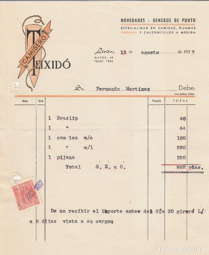 Fatture antiche: FACTURA. CAMISERO TEIXID&Oacute;. ESPECIALIDAD EN CAMISAS, PIJAMAS Y CALZONCILLOS A MEDIDA. L&Eacute;RIDA. 1957.