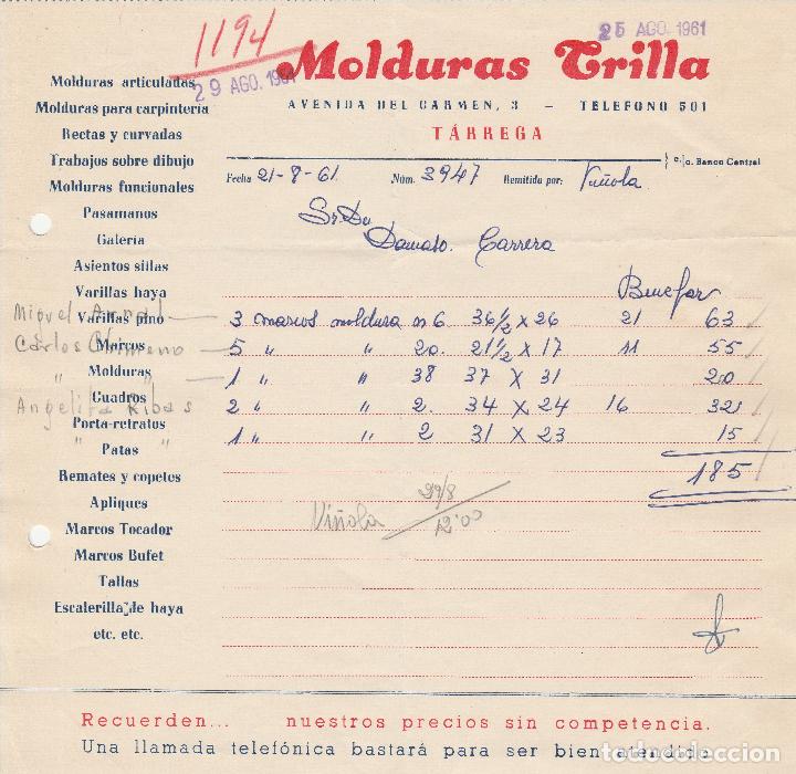 Fatture antiche: FACTURA. MOLDURAS TRILLA. MOLDURAS ARTICULADAS. MOLDURAS PARA CARPINTER&Iacute;A. PASAMANOS. TARREGA. 1961.