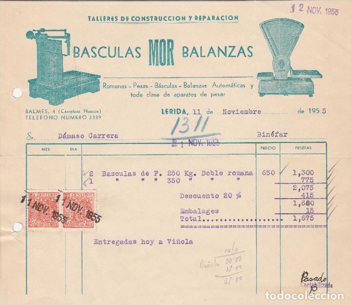 Fatture antiche: FACTURA. BASCULAS MOR BALANZAS. ROMANAS-PESAS-B&Aacute;SCULAS-BALANZAS. L&Eacute;RIDA. 1955.